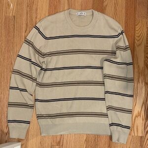 Mango Men's Cream and Brown Striped Crewneck Sweater